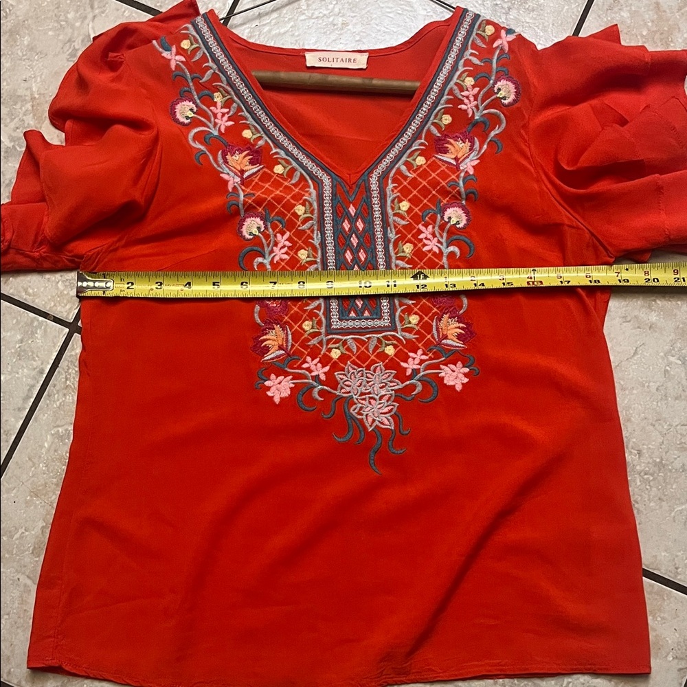 Solitaire Red Embroidered Ruffle Blouse - Picture 8 of 9